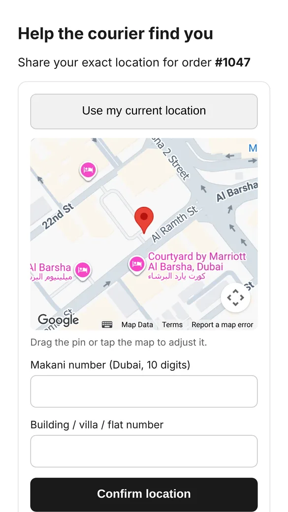 The GCC Pin location page on a phone, with a map pin in Dubai and a Makani number field